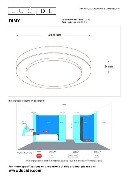Lucide DIMY - Plafonnier Salle de bains - Ø 28,6 cm - LED Dim. - 1x12W 3000K - IP21 - 3 StepDim - Noir - technique